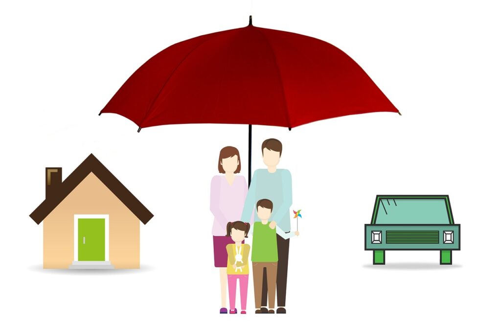 Family with umbrella sheltering home and car, symbolizing comprehensive insurance protection