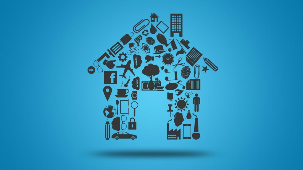 Collage of mini-pictures forming a house with airplane, social media icons, and trees, representing selling for new beginnings and adventures