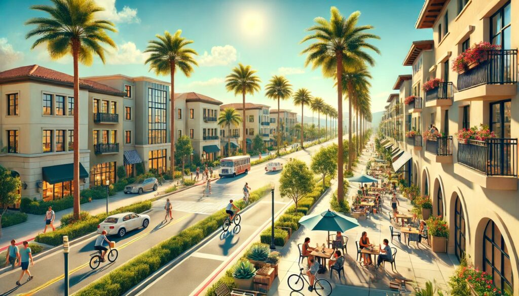 A sunny California street lined with palm trees, homes, and people engaging in outdoor activities, representing the welcoming California lifestyle.