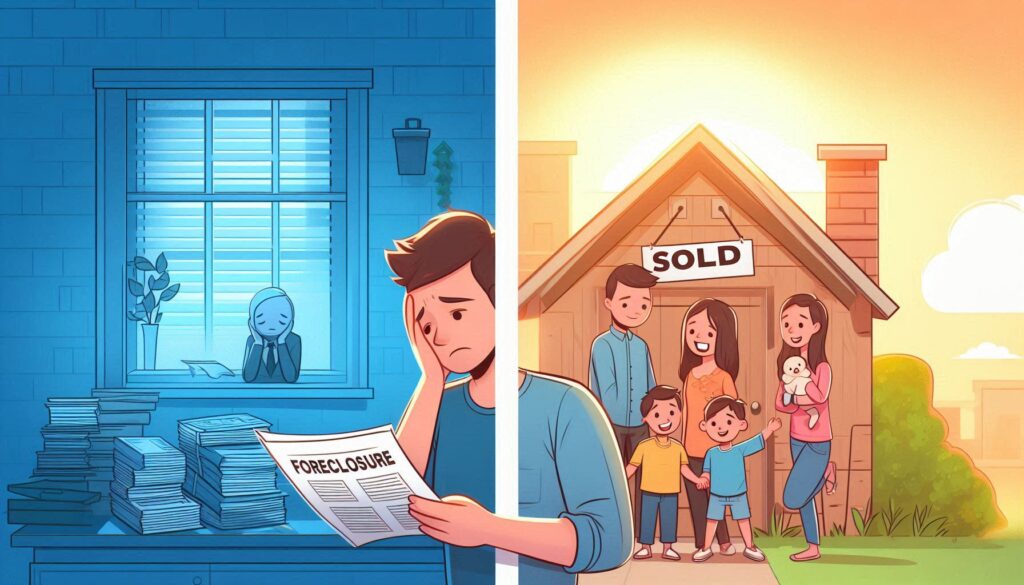 This split image depicts a San Diego homeowner stressed about finances on one side. The other side shows a happy family with a "Sold" sign, symbolizing a successful home sale.