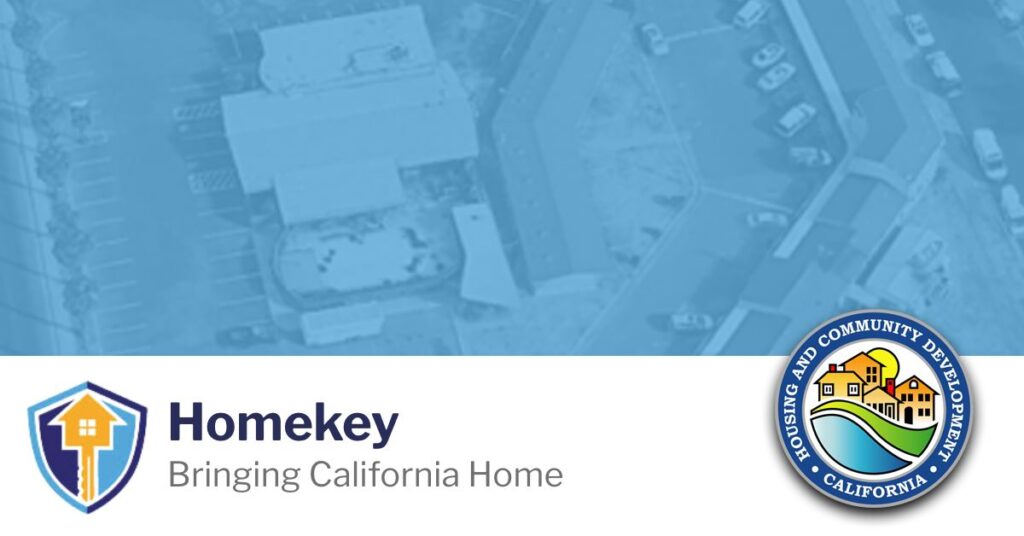 Community scene depicting diverse families and individuals in front of a supportive housing development in California, featuring palm trees and a sunny environment, symbolizing safety and mental wellness