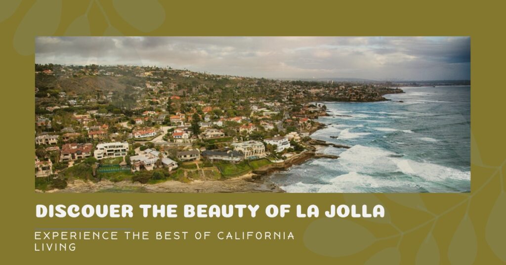 Panoramic image of the La Jolla coastline featuring luxurious homes perched atop cliffs overlooking the Pacific Ocean. Palm trees sway in the breeze as the sun shines brightly, reflecting off the turquoise waters. This captivating scene captures the essence of the La Jolla dream, a place where luxur