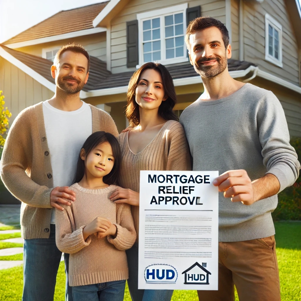 Diverse family standing in front of their home holding a document