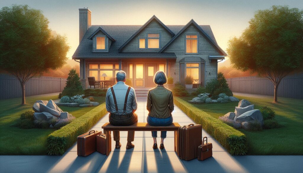 Divorcing couple sitting in front of their home for sale, symbolizing quick cash offer process"