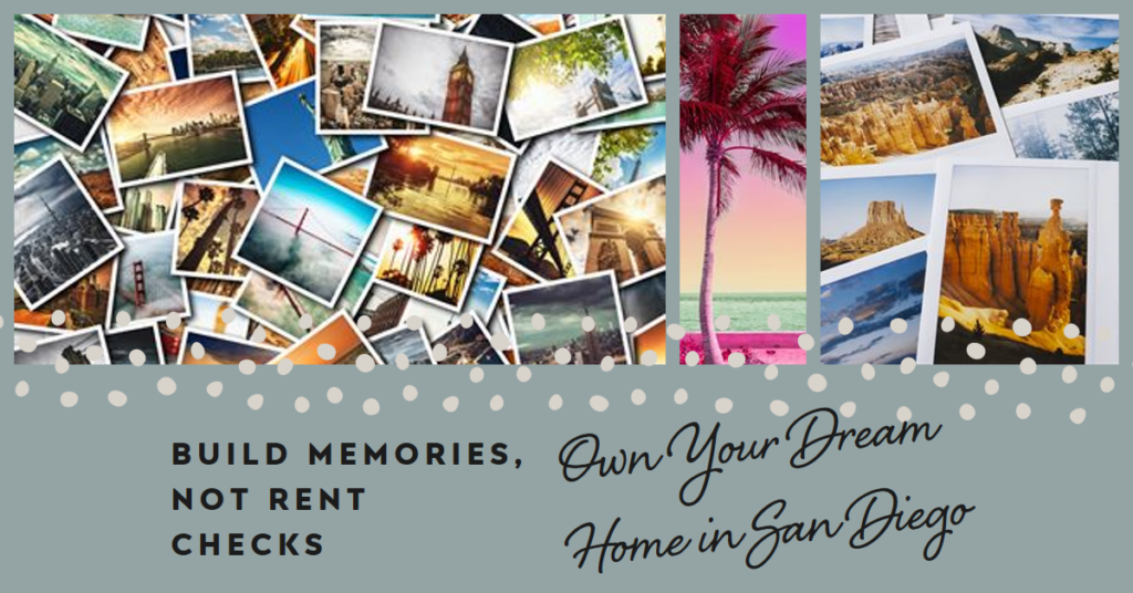 Collage showcasing idyllic beaches, majestic mountains, and charming neighborhoods of San Diego, highlighting the diverse and exciting lifestyle that awaits homeowners.