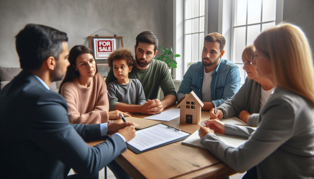 A diverse family group sitting around a table with a real estate professional discussing the sale of an inherited property.