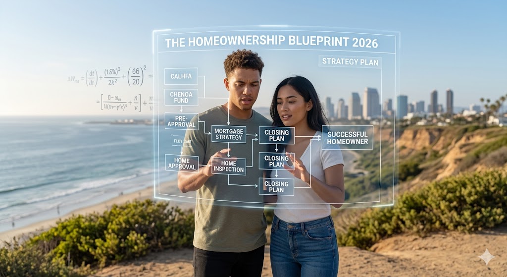 A young diverse couple in San Diego stands on a bluff overlooking the coastline, replacing their market math anxiety with confidence as they view a clear, structured holographic 'Homeownership Blueprint 2026' featuring CalHFA and mortgage strategy step
