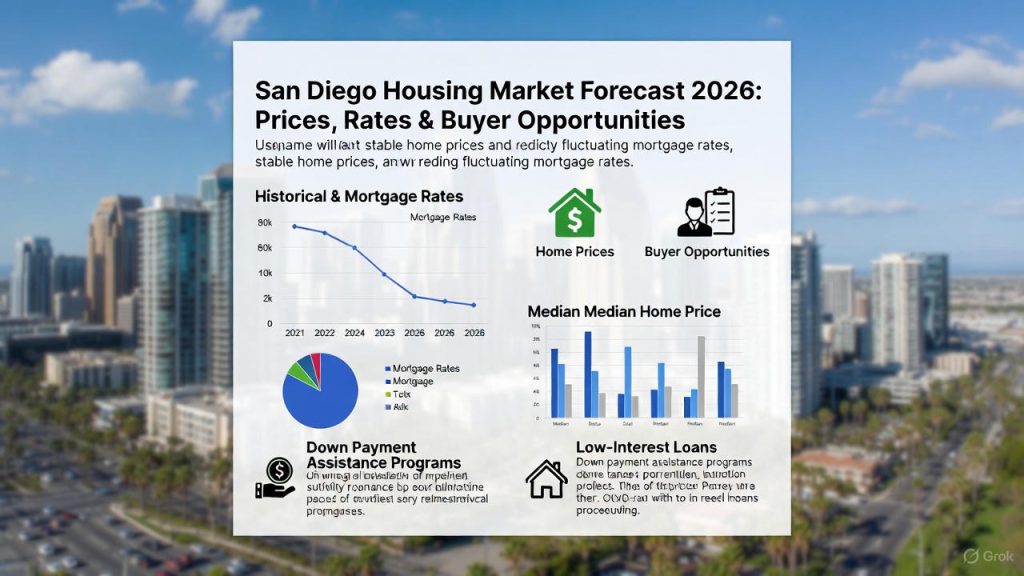 San Diego downtown skyline aerial view with palm trees and bay – Housing Market Forecast 2026: Prices, Rates & Buyer Opportunities in San Diego County
