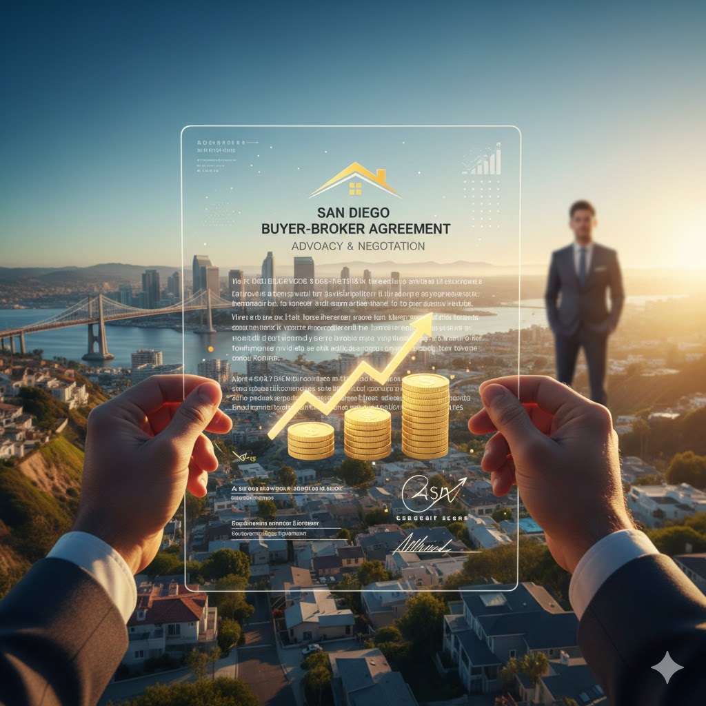 A San Diego Buyer-Broker Agreement document overlaying a San Diego skyline, symbolizing buyer advocacy and negotiation power