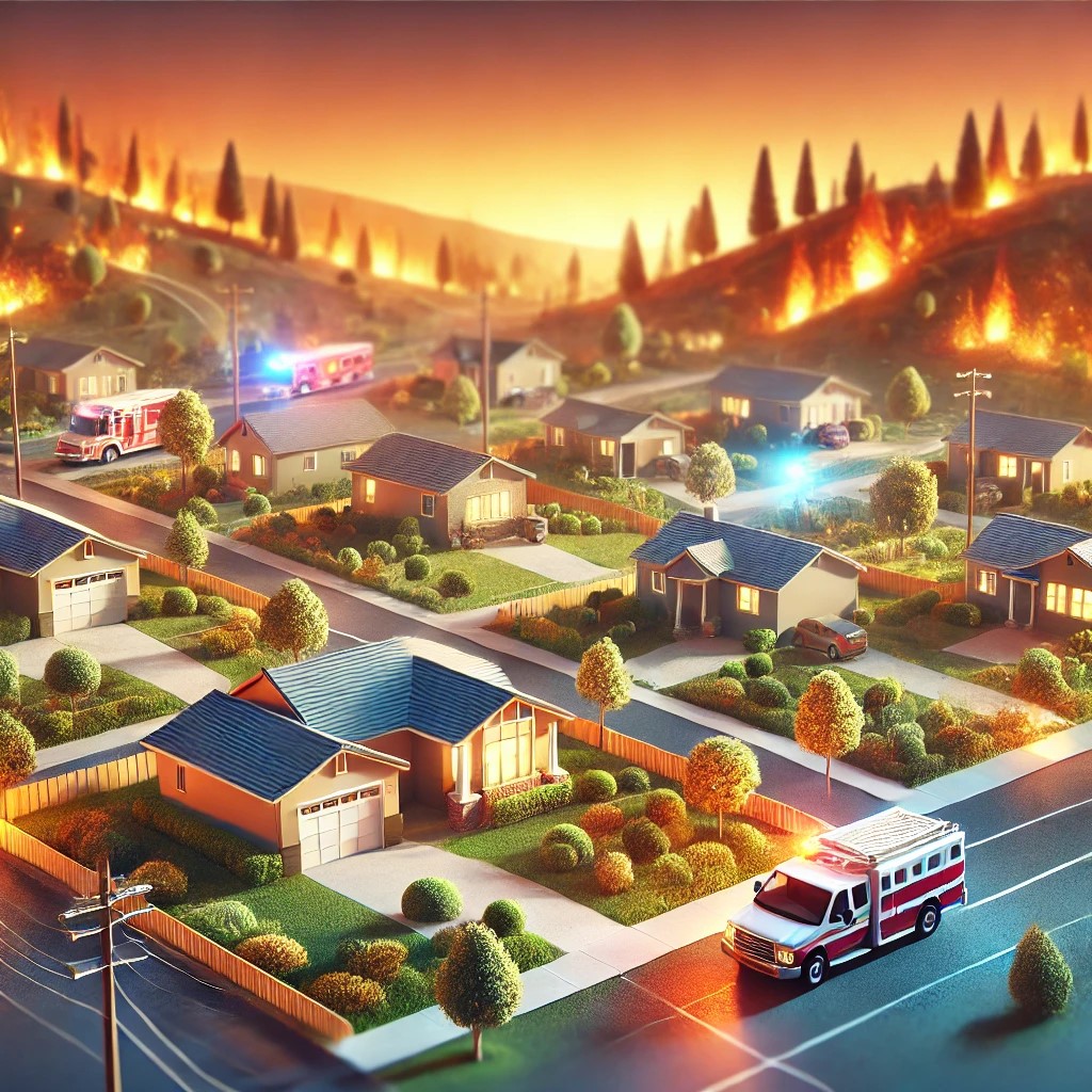 Illustration of a California wildfire landscape with a residential neighborhood in the foreground, surrounded by fire-resistant landscaping and emergency services in the background.