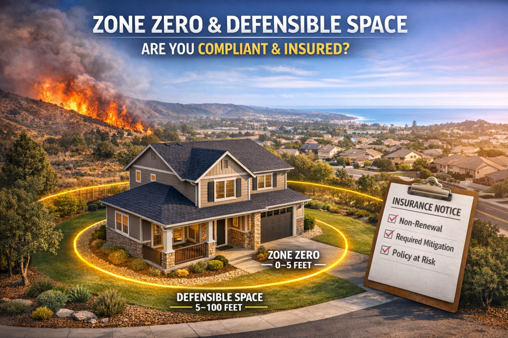 Photo‑realistic San Diego County home with Zone Zero and 100‑foot defensible‑space wildfire safety zones highlighted, illustrating new insurance and fire‑prevention requirements.