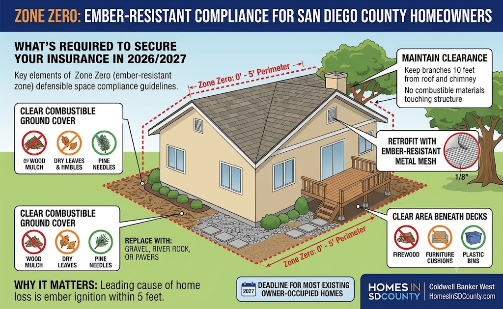 Zone Zero ember-resistant compliance infographic for San Diego County homeowners showing defensible space rules and 2027 deadlines.